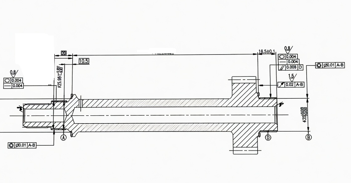 Drawing excerpt — shaft tolerances and critical geometry